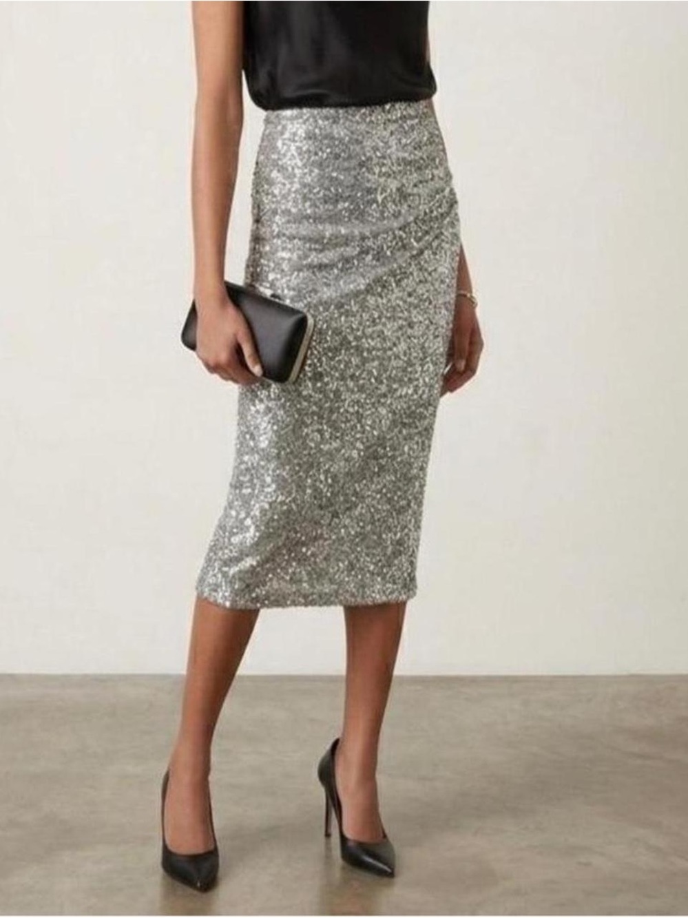 Express Silver Sequin Midi Pencil Skirt, size Medium